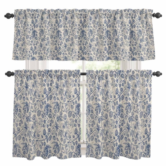 Blue Flowers Kitchen Curtains Sets for Windows 24 Inch Length, Retro Rustic Botanical Floral Leaves Vines Rod Pocket Window Treatments Tier Curtains and Valances Set for Bedroom/Bathroom