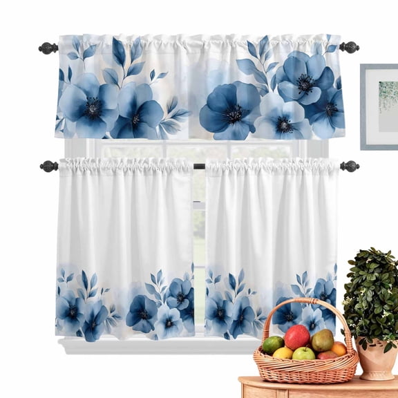 Blue Flowers Kitchen Curtains Valances 3 Piece Set, Spring Floral Rod Pocket Tier Curtain and Valance Drapes for Small Window 36 Inch Length for Bedroom Cafe