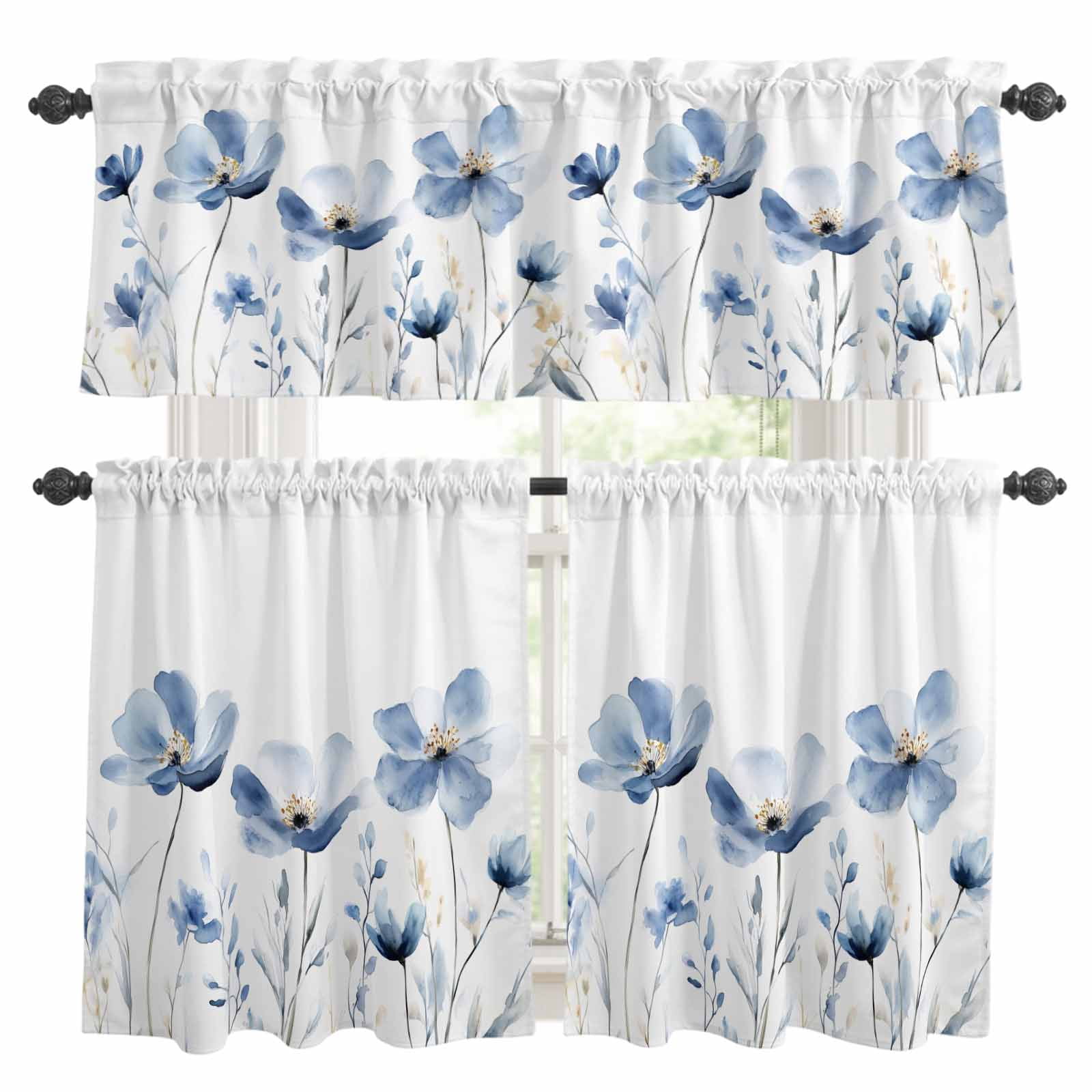 Blue Flowers Kitchen Curtains Valances and Tiers Set of 3 Watercolor ...