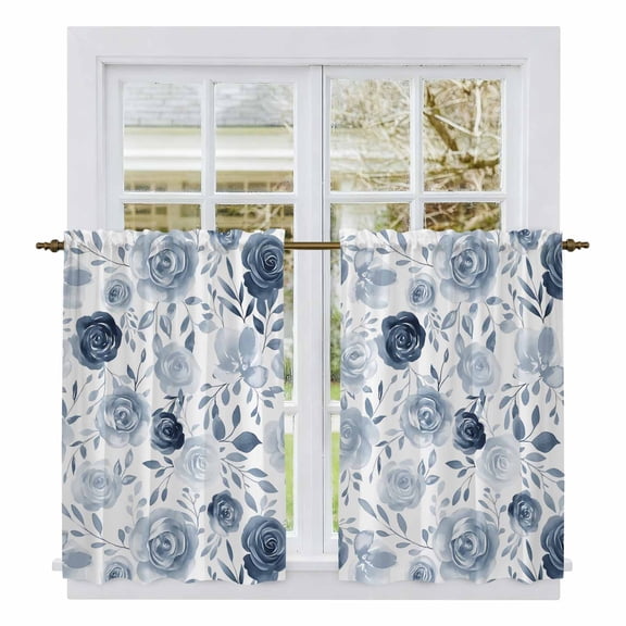 Blue Flowers Kitchen Curtains, Watercolor Rustic Retro Floral Leaf Vines Light Filtering Window Curtain Panels, 2Pcs Rod Pocket Window Treatments Set for Cabin Bathroom Bedroom 52x45 Inches
