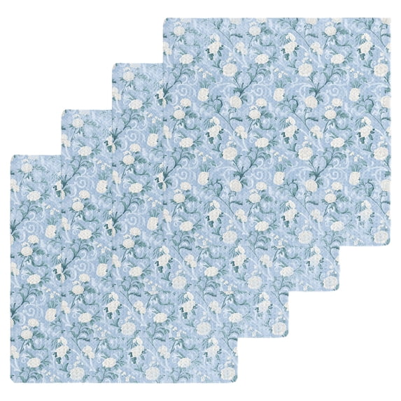 Blue Flowers Kitchen Dish Towels for Drying Dishes Set of 4, Farmhouse Botanical White Floral Leaves Waffle Weave Microfiber Hand Tea Bathroom Towels Quick Dry & Absorbent Towel 12x12