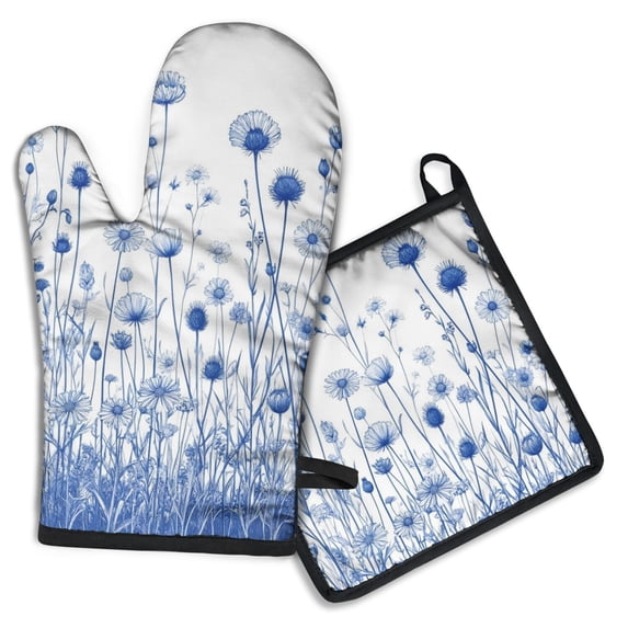 Blue Flowers Kitchen Oven Mitt and Pot Holder Sets 2 Pcs for Baking, Cooking and Grilling, Heat Resistant Up To 392 °F