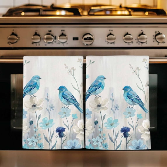 Blue Flowers Kitchen Towels Set of 1, Spring Birds Rustic Floral Pastoral Plants Absorbent Dish Towels for Kitchen, Microfiber Hand Towel, Quick Drying Tea Towel for Cleaning Decorative Dishcloths