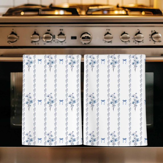 Blue Flowers Kitchen Towels Set of 1, Spring Floral Bows Minimalist Botanical Absorbent Dish Towels for Kitchen, Microfiber Hand Towel, Quick Drying Tea Towel for Cleaning Decorative Dishcloths