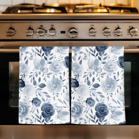 Blue Flowers Kitchen Towels Set of 1, Watercolor Rustic Retro Floral Leaf Vines Absorbent Dish Towels for Kitchen, Microfiber Hand Towel, Quick Drying Tea Towel for Cleaning Decorative Dishcloths