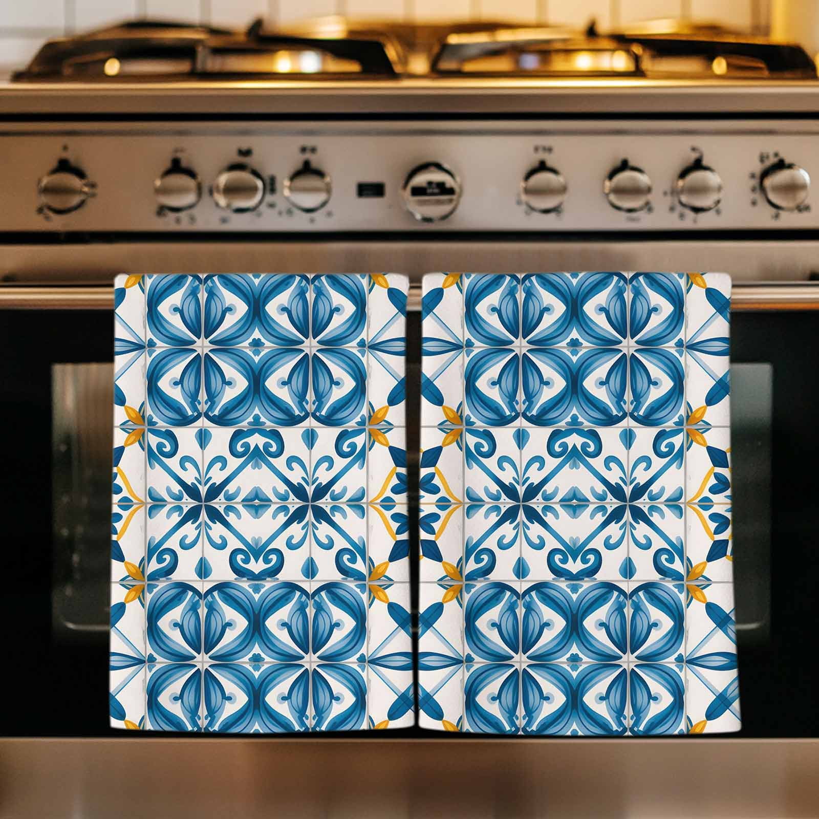 Blue Flowers Kitchen Towels Set of 2, Vintage Geometric Morocco Floral ...
