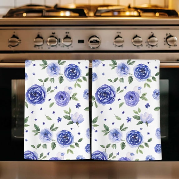 Blue Flowers Kitchen Towels Set of 3, Farmhouse Botanical Floral Leaves Country Absorbent Dish Towels for Kitchen, Microfiber Hand Towel, Quick Drying Tea Towel for Cleaning Decorative Dishcloths