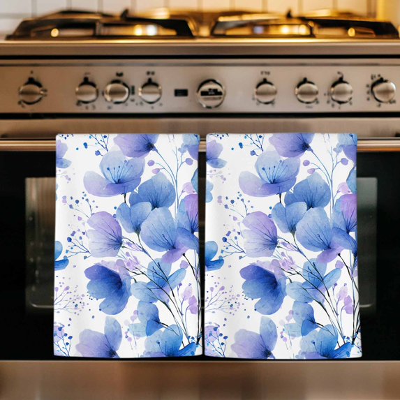 Blue Flowers Kitchen Towels Set of 4, Spring Botanical Blossom Florals Plants Absorbent Dish Towels for Kitchen, Microfiber Hand Towel, Quick Drying Tea Towel for Cleaning Decorative Dishcloths