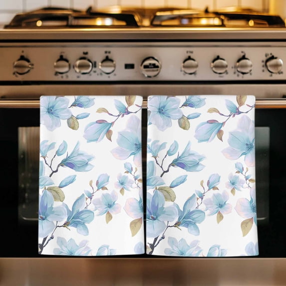 Blue Flowers Kitchen Towels Set of 4, Spring Watercolor Botanical Floral Leaf Plant Absorbent Dish Towels for Kitchen, Microfiber Hand Towel, Quick Drying Tea Towel for Cleaning Decorative Dishcloths