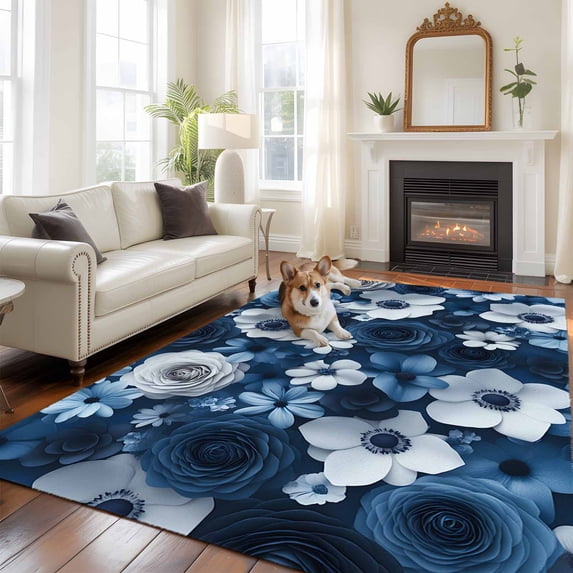 Blue Flowers Large Area Rugs 5x8 ft Spring Pastoral White Floral Washable Rug Non Slip Indoor Carpet Absorbent Floor Mat for Living Room Bedroom Dining Room