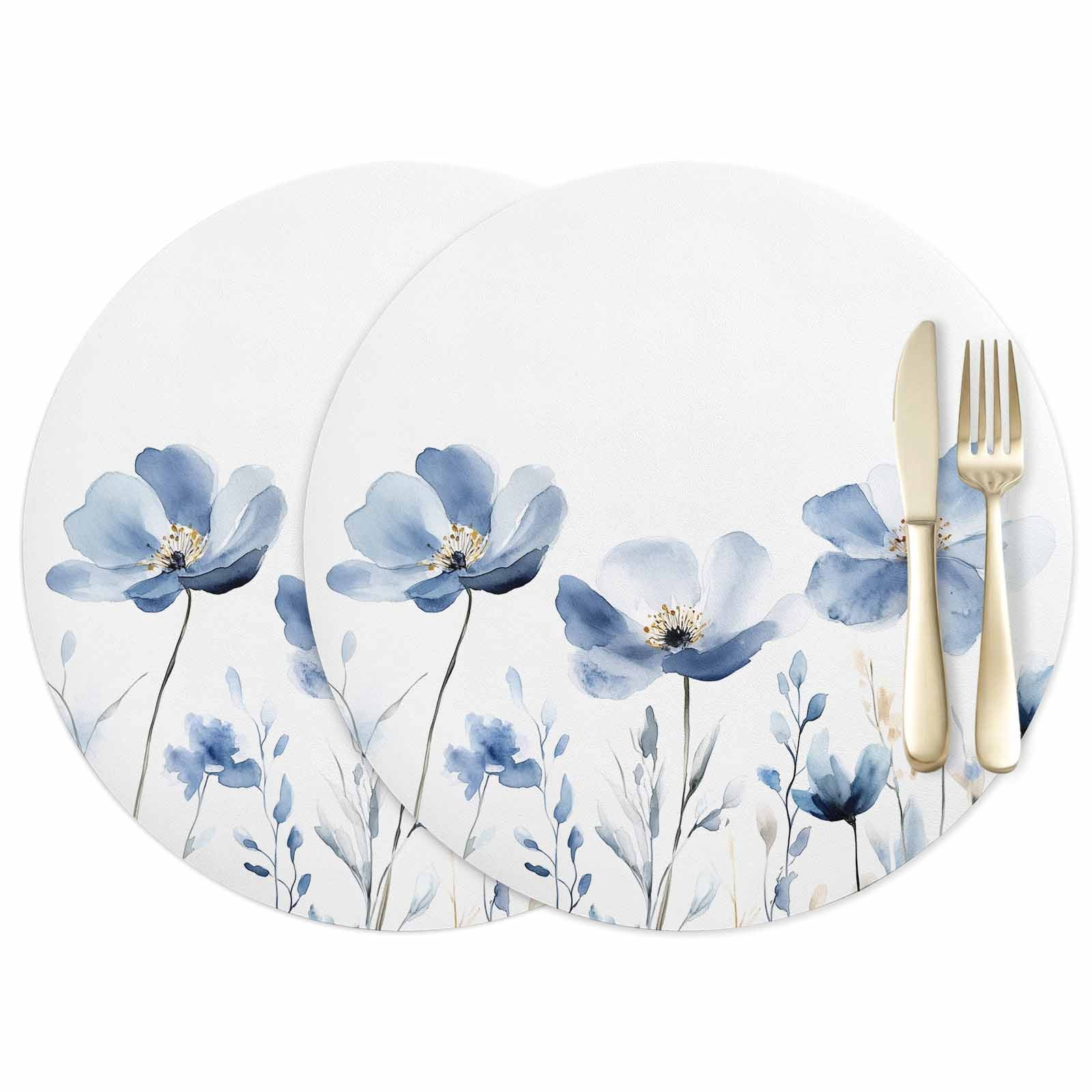 Blue Flowers Leather Placemats Set of 2, 12 Inch, Watercolor Plants ...