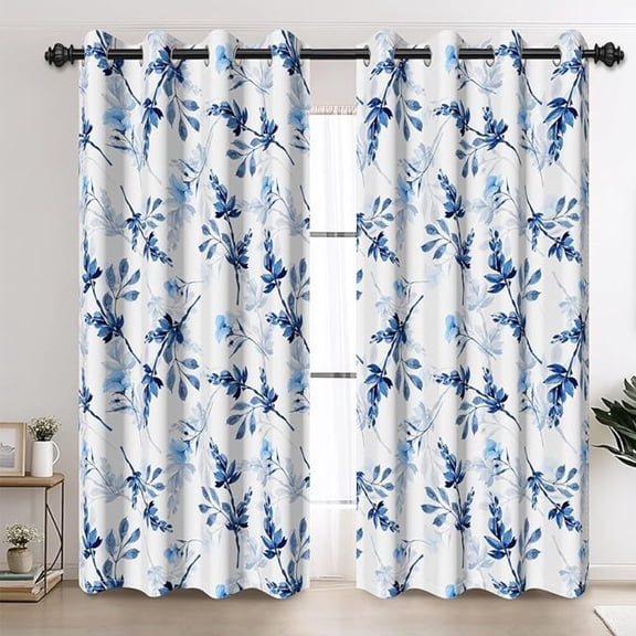 Blue Flowers And Leaves Blackout Curtains, Watercolor Floral Botanical Print Rustic Farmhouse Noise Reducing Window Treatment For Living Room Bedroom Kitchen Dining Room 42"W x 96"L (Pack of 2)
