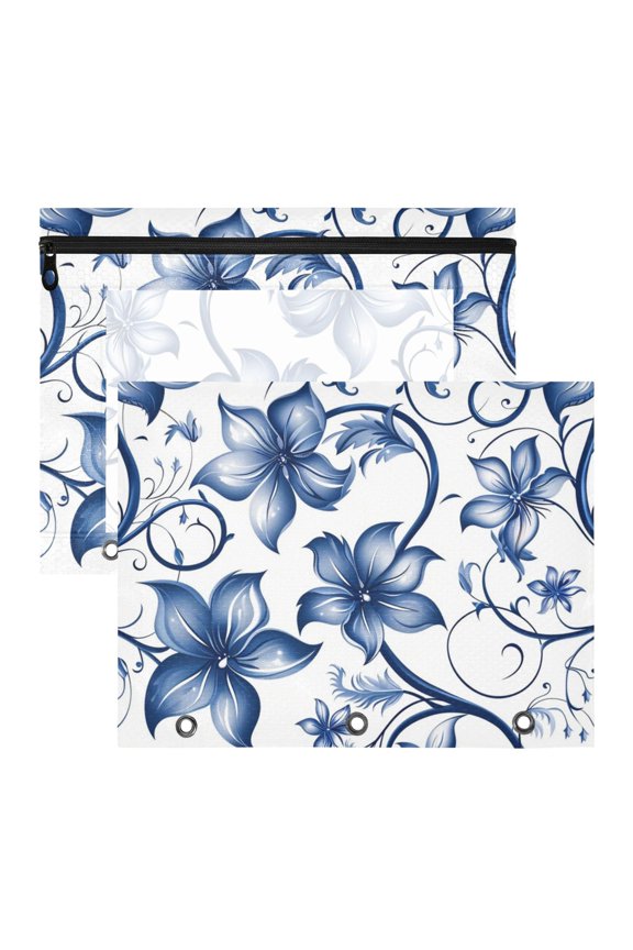 Blue Flowers Leaves Digital Pattern 3-Ring Binder Pouches A4 Size Zipper Pocket File Storage 2 Packs