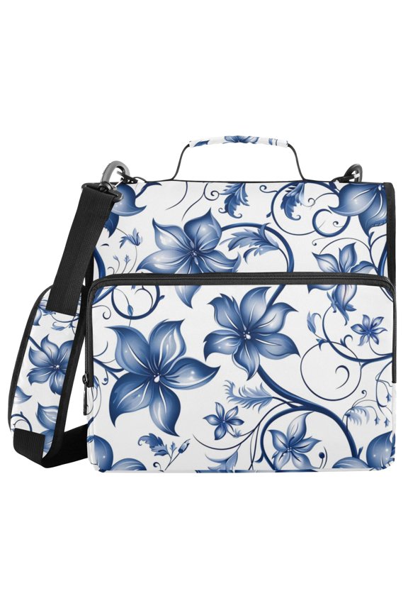 Blue Flowers Leaves Digital Pattern Binder Bag with Shoulder Strap 3 Ring Zipper Binder File Folder Document Storage