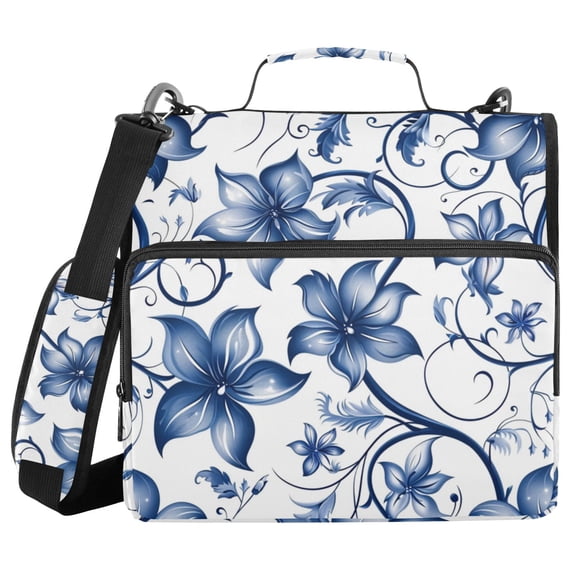Blue Flowers Leaves Digital Pattern Binder Bag with Shoulder Strap 3 Ring Zipper Binder File Folder Document Storage