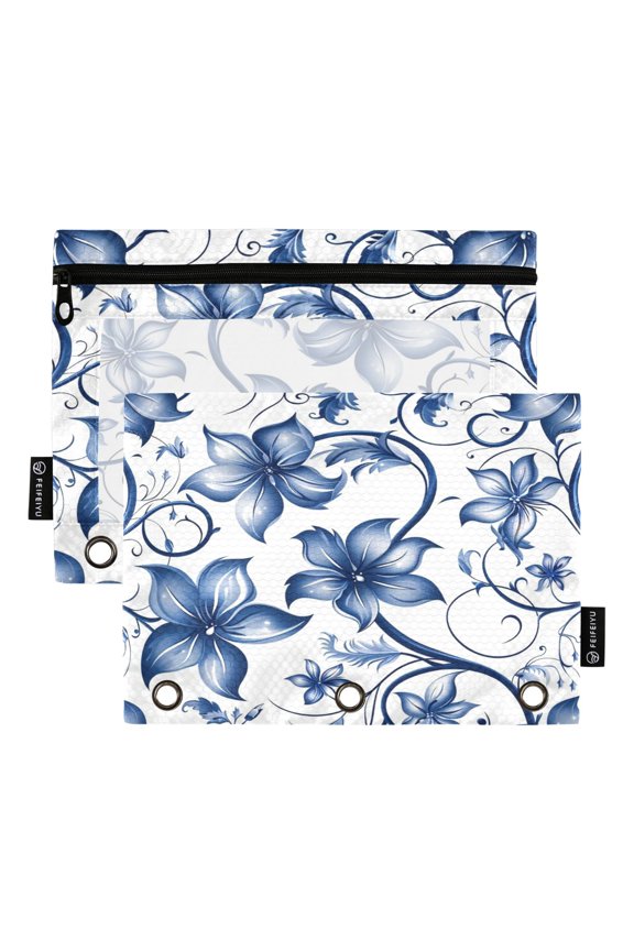 Blue Flowers Leaves Digital Pattern Binder Pouches Zipper Pocket Document Storage 3 Rings 2 Packs A5 Size