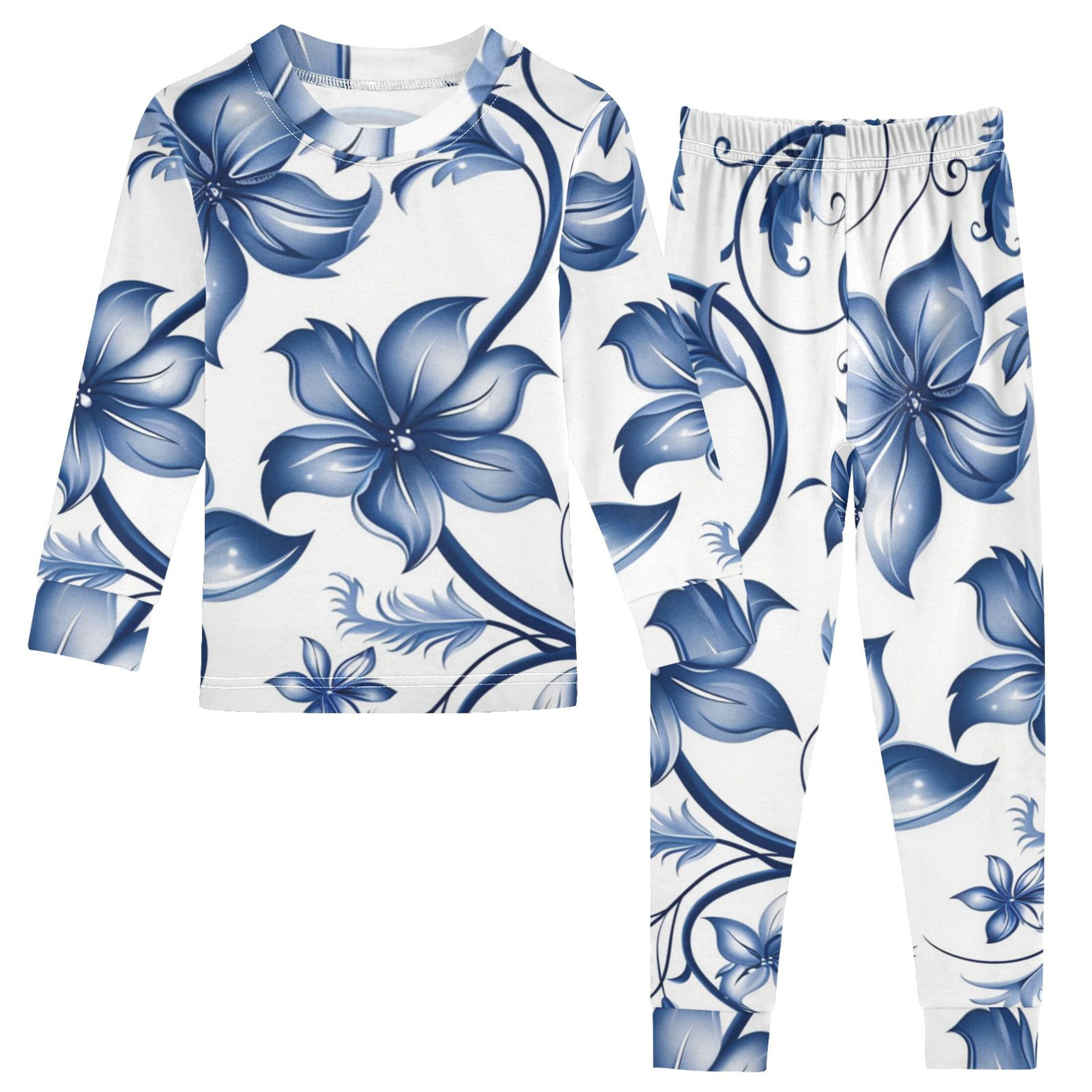 Blue Flowers Leaves Digital Pattern Cotton Pajama Set Long Sleeve Top ...