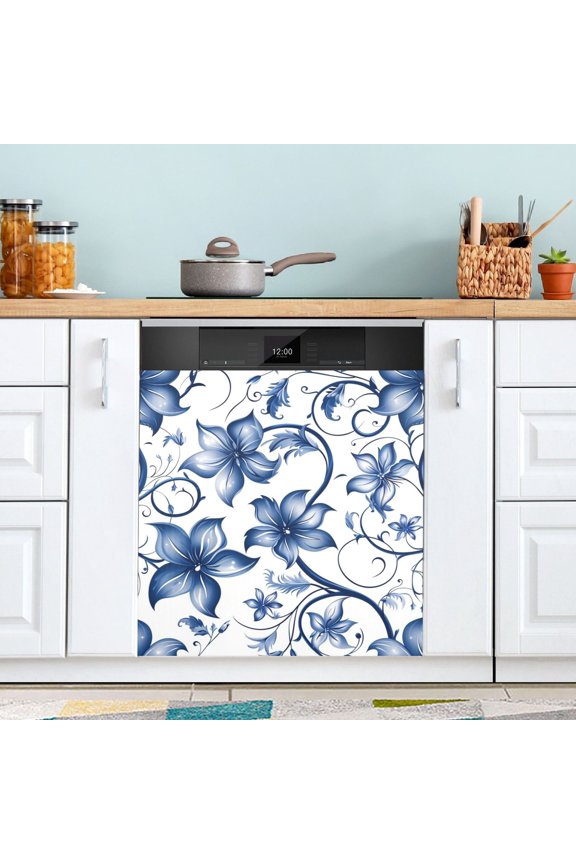 Blue Flowers Leaves Digital Pattern Dishwasher Magnet Refrigerator Magnetic Cover Washing Machine Magnet Sticker Kitchen Decor