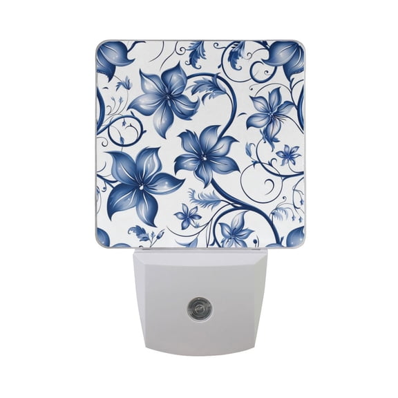 Blue Flowers Leaves Digital Pattern LED Night Light with Smart Sensor Plug Into Wall Dusk to Dawn 2 packs