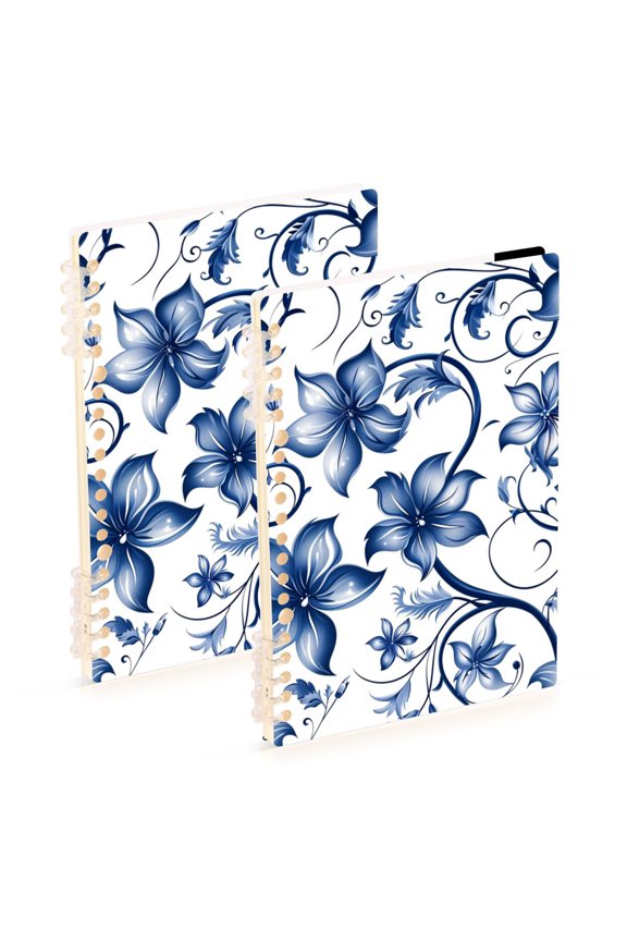 Blue Flowers Leaves Digital Pattern Notebook Detachable Coil Notebook Diary Plan Book A5 Size 60 Pages 1 Pack