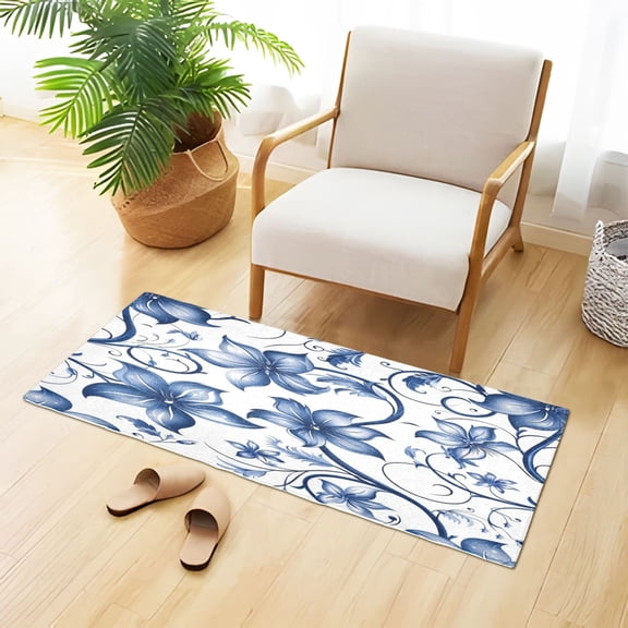 Blue Flowers Leaves Digital Pattern Plush Carpet Non Slip Runner Rug Absorbent Bath Mat 39" x 20"
