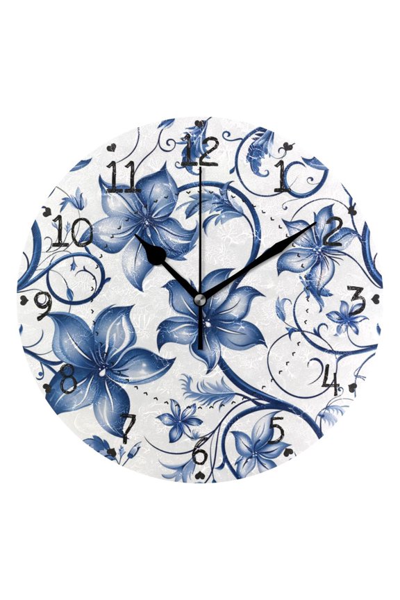 Blue Flowers Leaves Digital Pattern Round Wall Clock Silent Analog Battery Operated Black Pointer Home Decor 9.84" Diameter