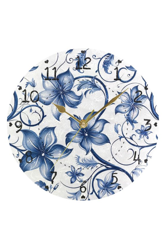Blue Flowers Leaves Digital Pattern Round Wall Clock Silent Analog Battery Operated Gold Pointer Home Decor 9.84" Diameter