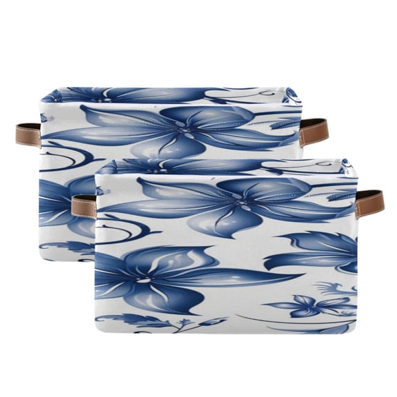 Blue Flowers Leaves Digital Pattern Square Storage Bins with Handles Collapsible Containing Box 2 Packs