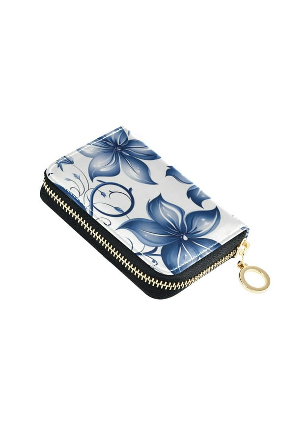Blue Flowers Leaves Digital Pattern Women's Credit Card Holder PU Leather Zipper Wallet RFID Blocking
