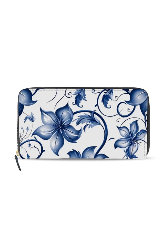 Blue Flowers Leaves Digital Pattern Women's Long Zipper Wallet Bifold Clutch Purse PU Leather Card Cases