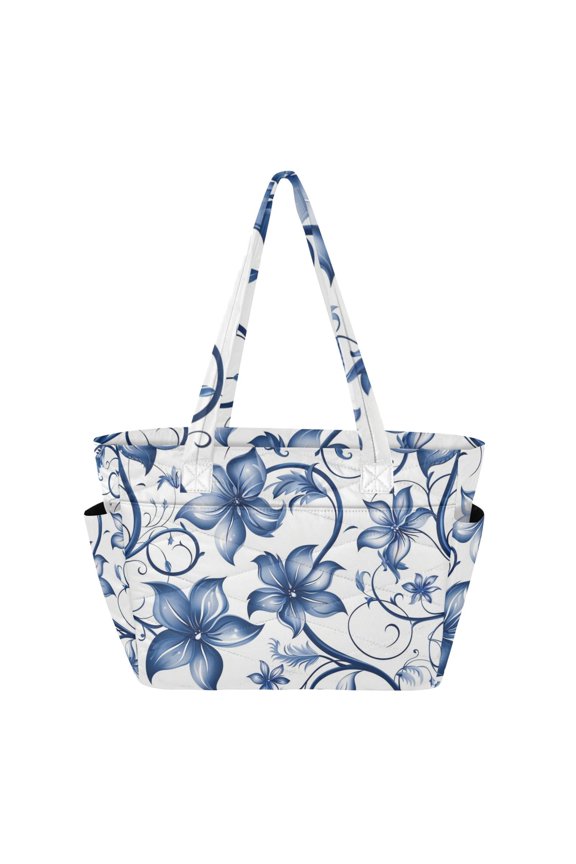 Blue Flowers Leaves Digital Pattern Women's Quilted Tote HandBag Beach Bag Shoulder Bag with Luggage Strap 18L for Commute Gym Travel