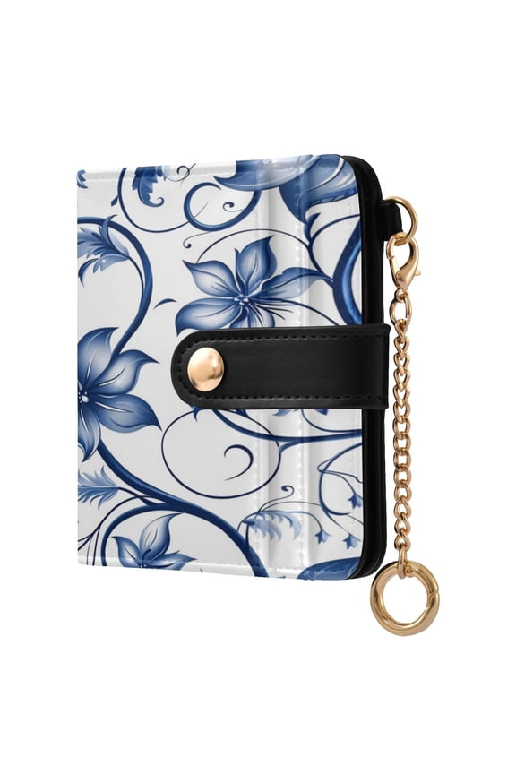 Blue Flowers Leaves Digital Pattern Women's Wallet PU Leather Card Cases RFID Blocking Purse Billfold with Key Ring
