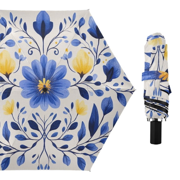 Blue Flowers Leaves Yellow Buds All Weather Umbrella Triple Folding Parasol 6 Ribs UV Protection Portable