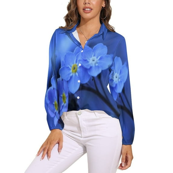 Blue Flowers Long Sleeve Blouse Woman Streetwear Casual Shirts Summer Oversize Woman Streetwear Clothing Birthday Present