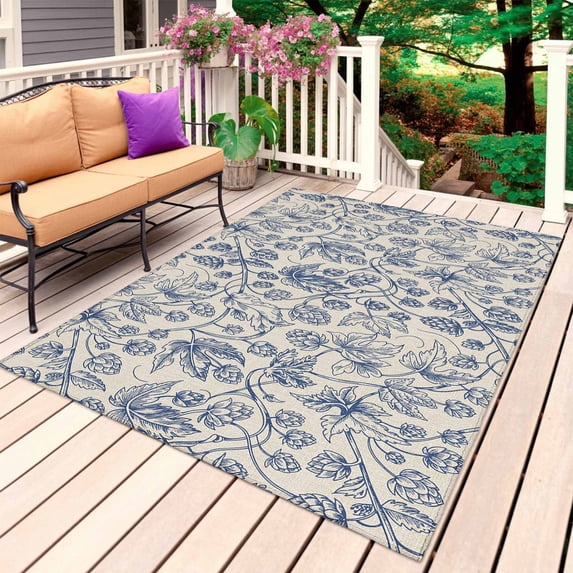 Blue Flowers Outdoor Rug 6x9 Ft, Non Slip Washable Area Rug, Retro Rustic Botanical Floral Leaves Vines Patio Rugs Carpet Runner, Large Floor Mat for Indoor/Outdoor Deck Porch Camping