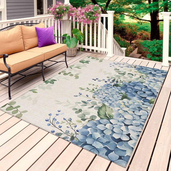 Blue Flowers Outdoor Rug for Patio/Deck/Porch, Non-Slip Large Area Rug 3 x 5 Ft, Green Eucalyptus Floral Country Beige Indoor Outdoor Rugs Washable Area Rugs, Reversible Camping Rug Carpet Runner