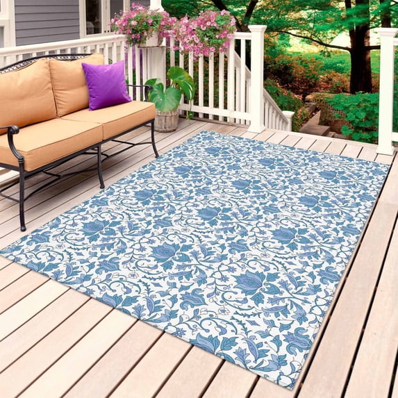 Blue Flowers Outdoor Rug for Patio/Deck/Porch, Non-Slip Large Area Rug 6 x 9 Ft, Boho Ethnic Middle Century Floral Aesthetic Indoor Outdoor Rugs Washable Area Rugs, Camping Rug Carpet Runner
