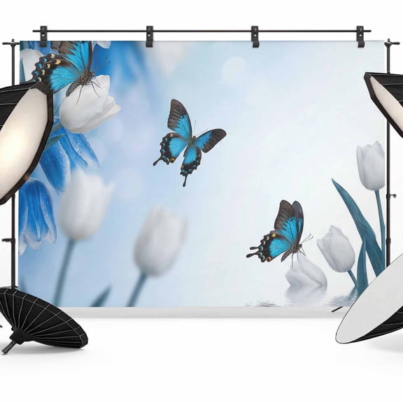 Blue Flowers Photography Backdrop 10x8FT, White Flowers Butterflies Modern Abstract Photo Backdrops, Background for Photography Studio Photo Studio Background, Back Drop for Photoshoot