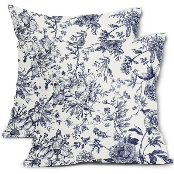 Blue Flowers Pillow Covers 18x18 Inch Set of 2 Blue and White Floral Throw Pillow Covers Vintage Floral Outdoor Pillowscase Linen Cushion Covers for Sofa Couch Bedroom Home Decor