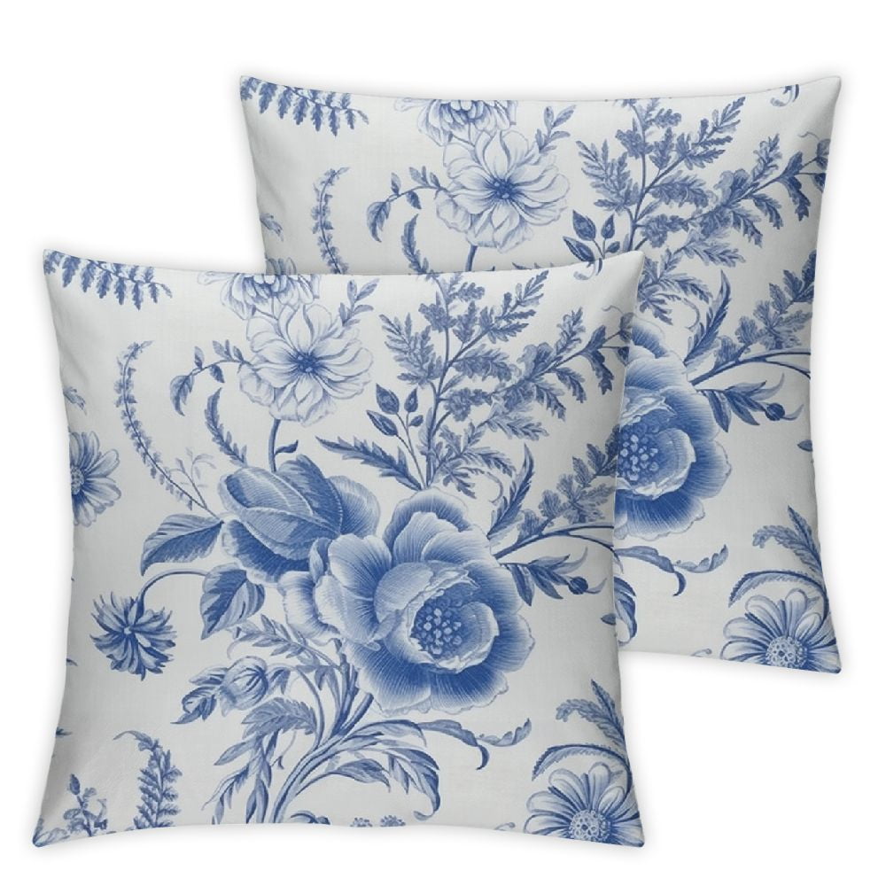Blue Flowers Pillow Covers 2 Packs White & Blue Summer Throw Pillowcase