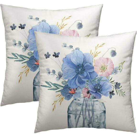 Blue Flowers Pillowcase Set of 2 Spring White and Blue Poppy Decor Throw Pillows Square 18x18 Inch Blue Floral and Leaf Pillow Cushion Covers Summer/Spring for Home Living Room Bed Sofa Outdoor Couch