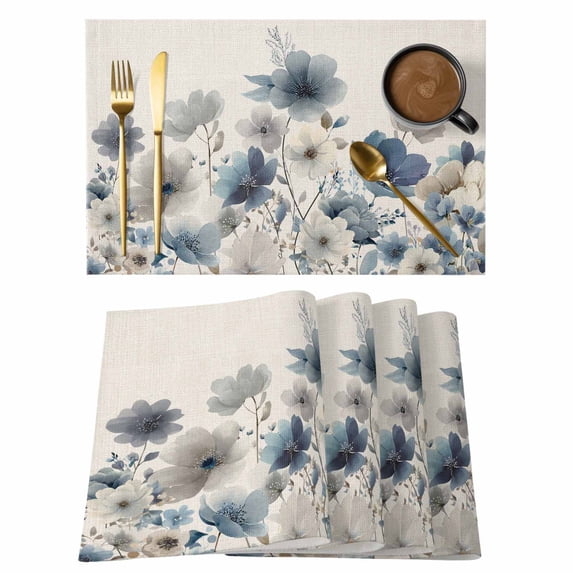 Blue Flowers Placemats Set of 1, Country Watercolor Blue Grey Floral Linen Texture Non-Slip Place Mats Washable Table Mats for Kitchen Dining Table Decorations Indoor/Outdoor