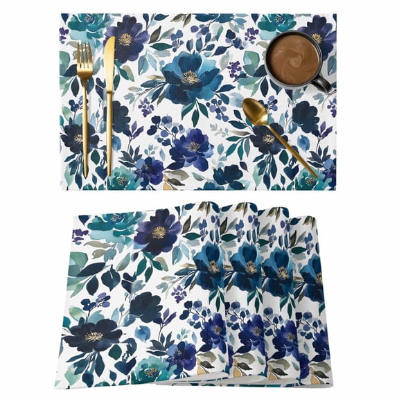 Blue Flowers Placemats Set of 1, Retro Abstract Art Floral Non-Slip Place Mats Washable Table Mats for Kitchen Dining Table Decorations Indoor/Outdoor