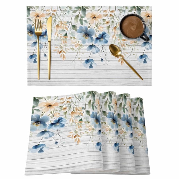 Blue Flowers Placemats Set of 6, Leaf Watercolor Wildflowers Plants Wood Grain Non-Slip Place Mats Washable Table Mats for Kitchen Dining Table Decorations Indoor/Outdoor