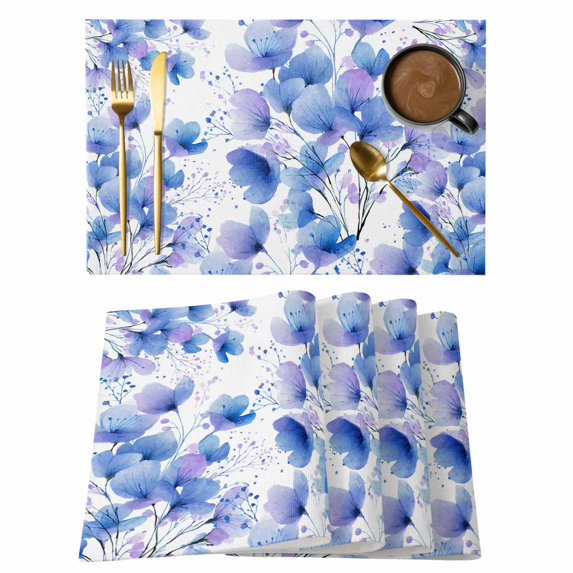 Blue Flowers Placemats Set of 6 Spring Botanical Blossom Florals Plants Place Mats Indoor Wipeable Table Mats Washable Cloth Dining Table Placemats for Kitchen Holiday Party Home Decor 13x19 Inch