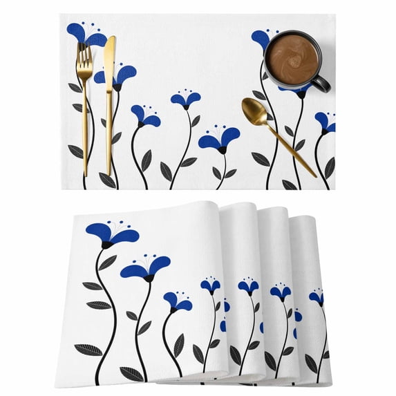 Blue Flowers Placemats Set of 6, Spring Modern Simple Botanical Floral Plants Placemats for Dining Table, Place Mats for Kitchen Tabletop, Waterproof Wipeable Dining Table Mats Set