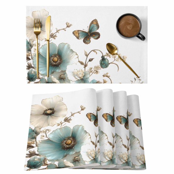 Blue Flowers Placemats Set of 8, Butterfly Watercolor Floral Non-Slip Place Mats Washable Table Mats for Kitchen Dining Table Decorations Indoor/Outdoor