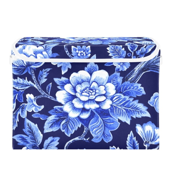 Blue Flowers Print Large Storage Bins with Linen Collapsible Lid Storage Box 16.7 x 12.6 x 11.8in