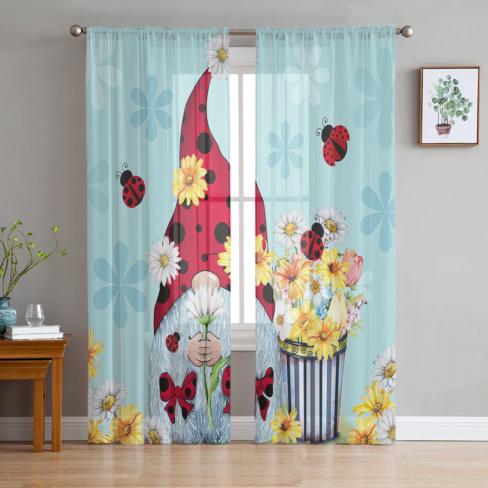 Blue Flowers Printed Curtains Drape Sheer Tulle Home ration Living Room
