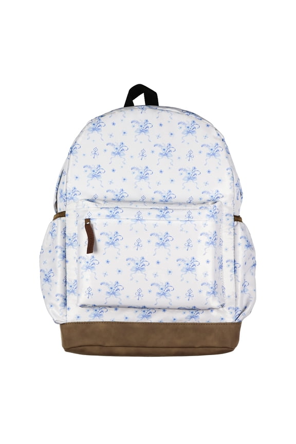 Blue Flowers Ribbons Keys Backpack All Over Design 16" Book Bag School Tech Sleeve with Adjustable Shoulder Straps
